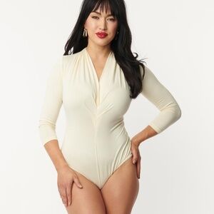 Unique Vintage Plus Size Ivory Gathered Neckline Friday Night Bodysuit - 1X/16